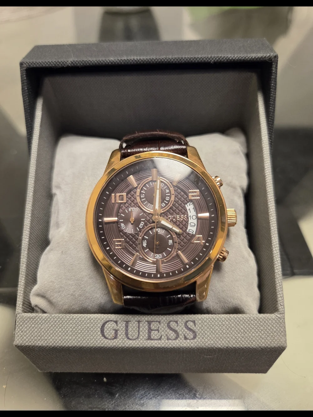GUESS Men's Rose Gold and Brown Chronograph Watch